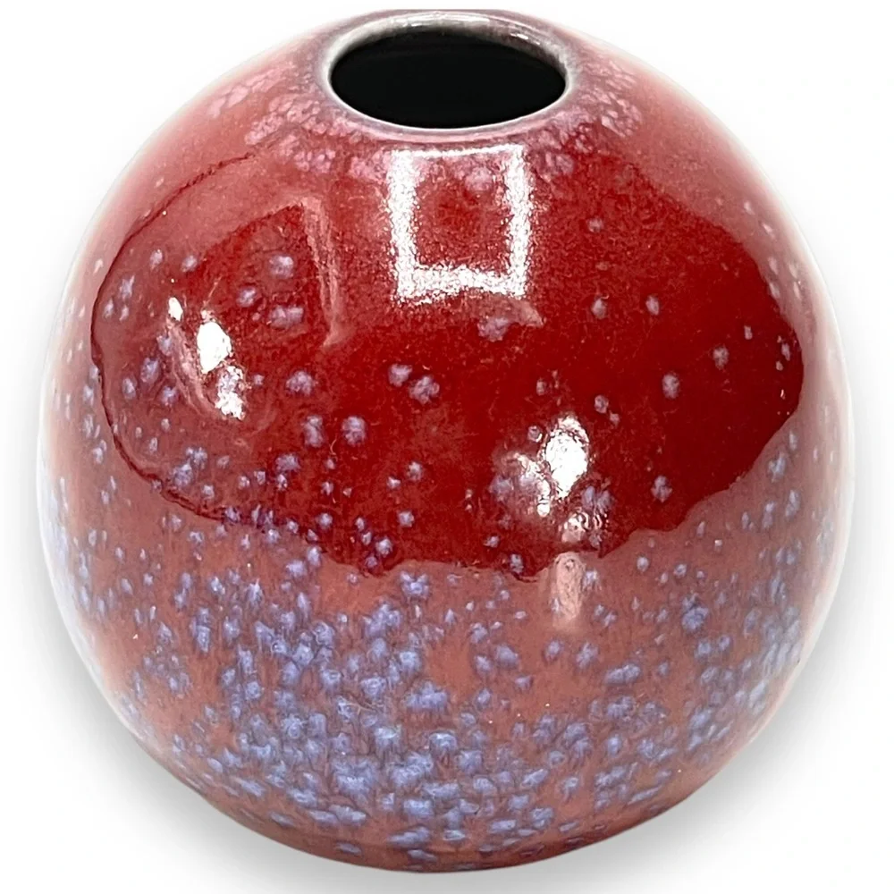Japanese Vintage Small Round Red with Periwinkle Speckles Bud Vase 3